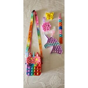 Unicorn Pop It Purse Set Kids OS Rainbow Fidget Bundle 5 pc EXC Bookbag Fob